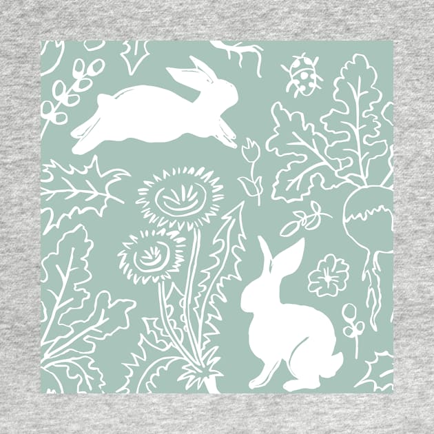 Rabbits Playing in the Vegetable Garden - Pattern on Light Green by colorofmagic